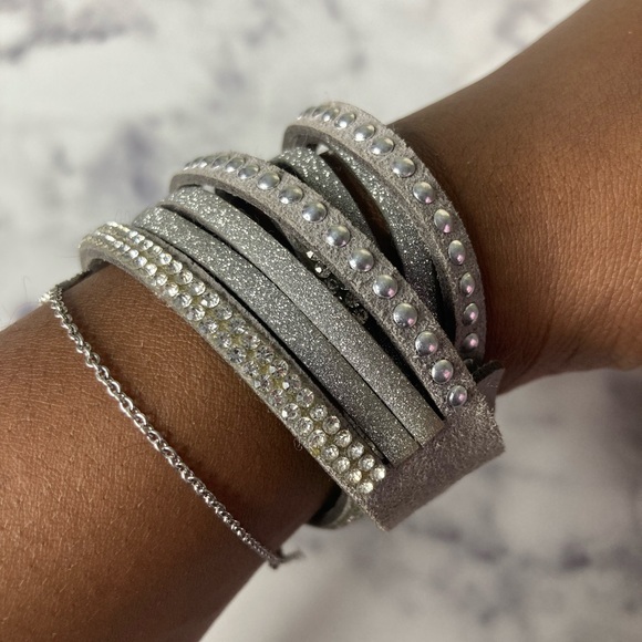 Grey Rhinestone & Rivet Faux Suede Wrap Bracelet - Picture 7 of 8